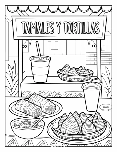 Coloriage du Guatemala pour enfants : Un étal rustique propose des tamales, des tortillas et des spécialités locales