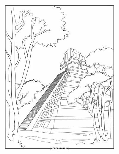 Coloriage du Guatemala pour enfants : Un grand temple maya se dresse parmi des arbres aux feuillages arrondis