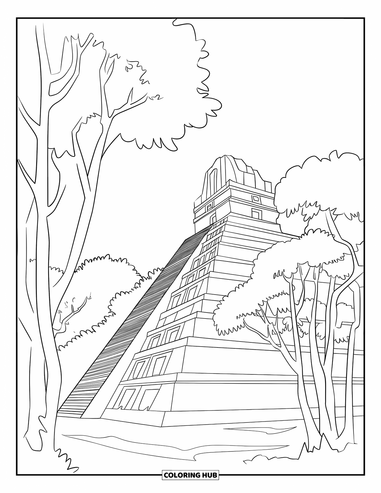 Guatemala Coloring Page for Kids: A tall Mayan temple stands among rounded leafy trees