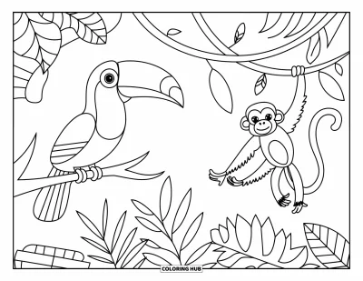 Coloriage du Guatemala pour enfants : Un toucan et un singe jouent parmi de grandes feuilles et des lianes de la jungle
