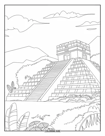 Coloriage du Guatemala pour enfants : Temple antique entouré de verdure avec un ciel nuageux derrière