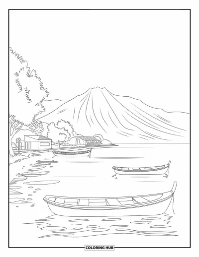 Coloriage du Guatemala pour enfants : Des barques flottent paisiblement sur le lac Atitlán avec des montagnes en arrière-plan