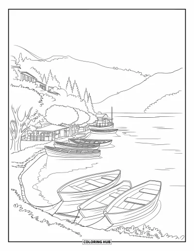 Coloriage du Guatemala pour enfants : Eaux calmes, montagnes lointaines et barques ancrées au lac Atitlán