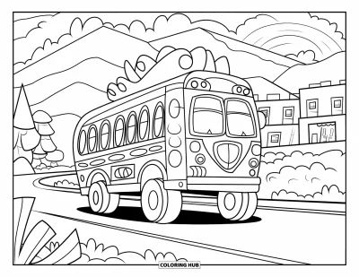 Coloriage du Guatemala pour enfants : Bus coloré garé avec un ciel arc-en-ciel et des montagnes derrière