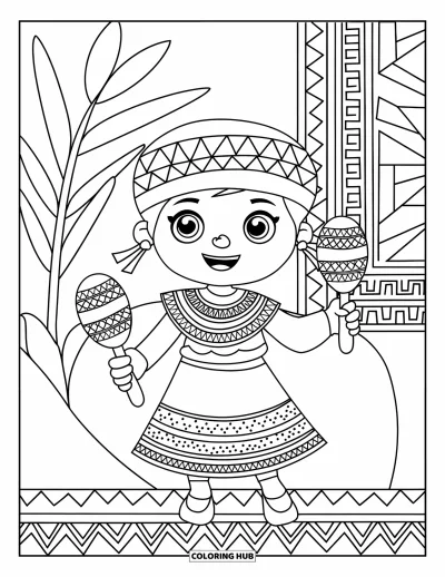 Coloriage du Guatemala pour enfants : Un enfant en tenue traditionnelle agite des maracas près d'une plante en pot