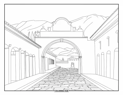 Coloriage du Guatemala pour enfants : Arche coloniale sur des rues pavées avec des montagnes au loin
