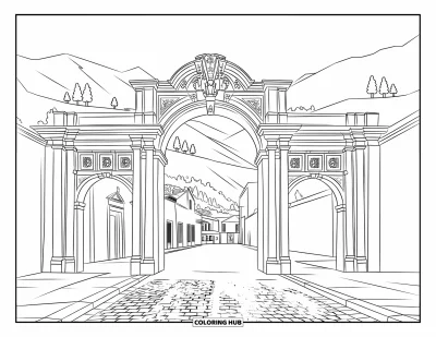Coloriage du Guatemala pour enfants : Rue coloniale sinuant sous une arche de pierre ornée avec vue sur les montagnes