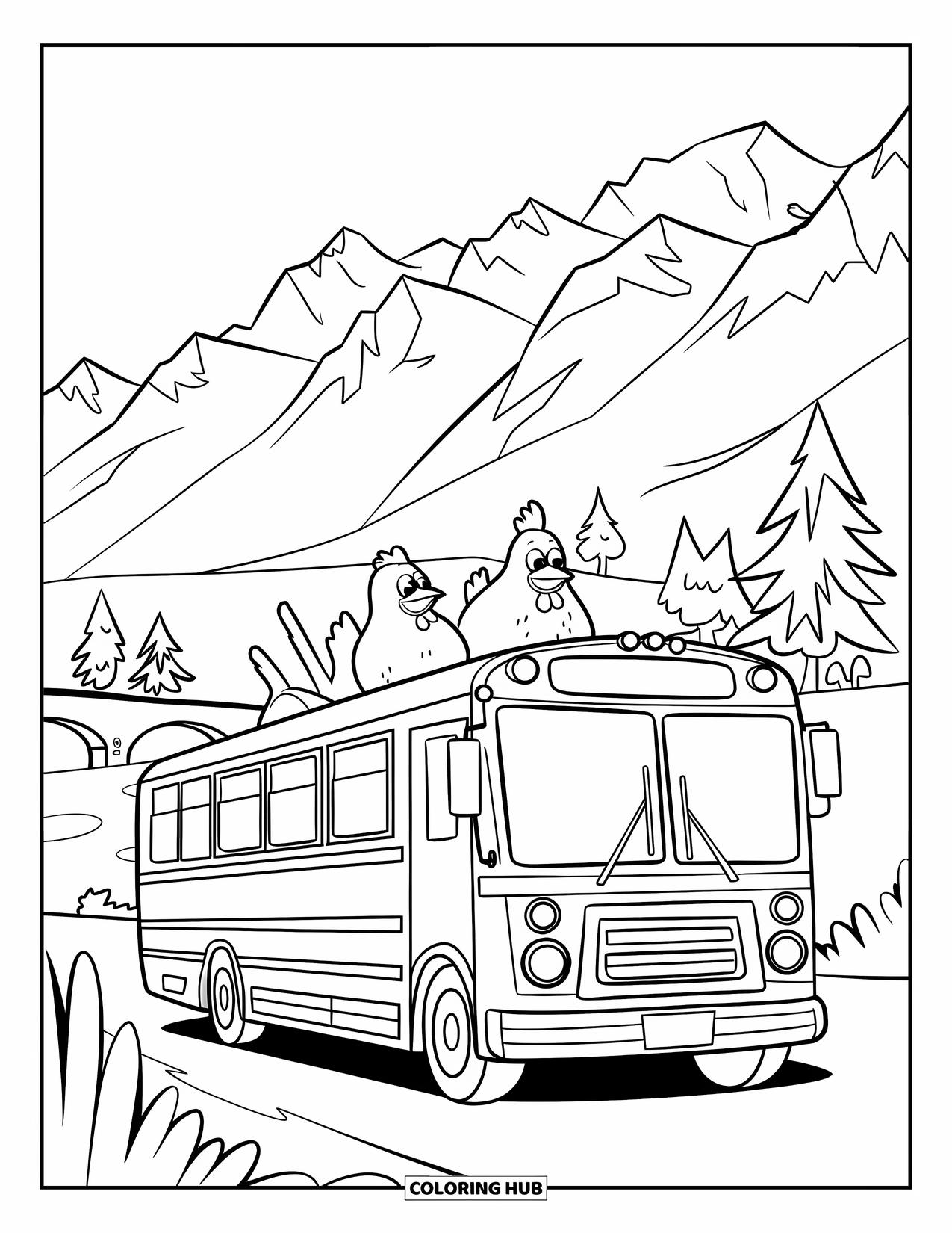 Guatemala Coloring Page for Kids: Colorful chicken bus drives past mountains and trees