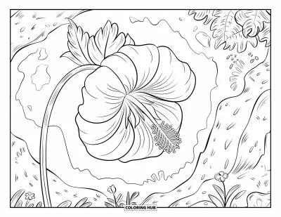 Coloriage du Guatemala pour enfants : Une fleur aux larges pétales et à la tige recourbée pousse à l'état sauvage