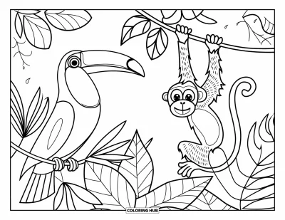 Coloriage du Guatemala pour enfants : Des animaux de la jungle se reposent parmi de grandes plantes tropicales aux feuilles généreuses