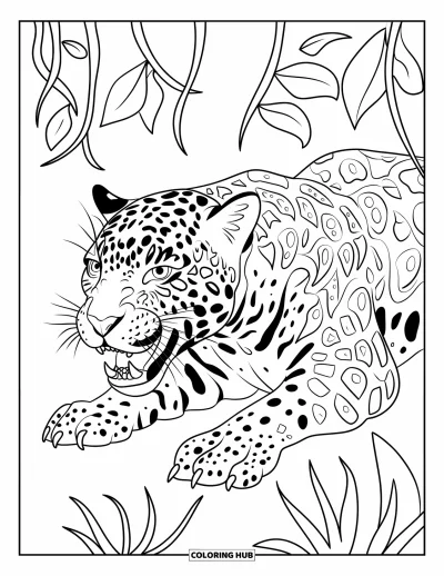 Coloriage du Guatemala pour enfants : Un jaguar de la jungle se tient à l'affût, les yeux grands ouverts et les crocs apparents