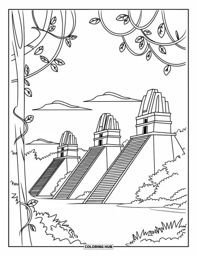 Coloriage du Guatemala pour enfants : Des pyramides mayas émergent d'une jungle luxuriante sous un vaste ciel