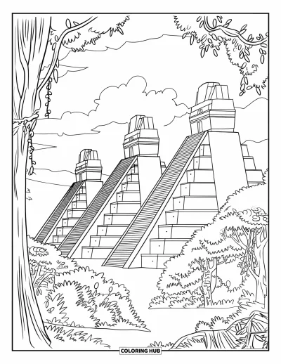 Coloriage du Guatemala pour enfants : Des structures mayas se dressent parmi des arbres et des nuages qui flottent
