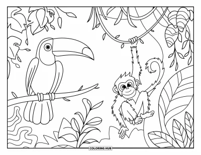 Coloriage du Guatemala pour enfants : Un singe se balance pendant qu'un toucan se perche dans le feuillage luxuriant de la forêt tropicale