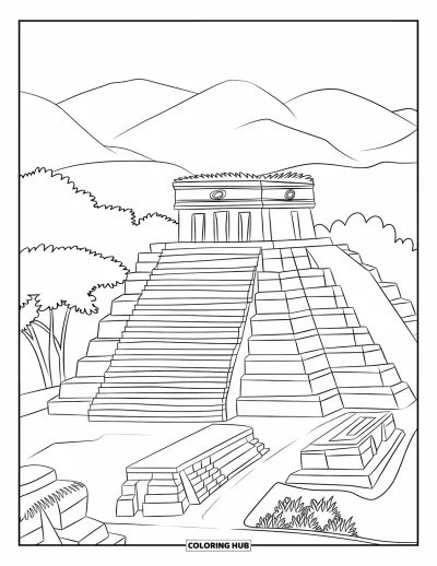 Coloriage du Guatemala pour enfants : Temple pyramidal à degrés se dressant près de l'eau et des montagnes