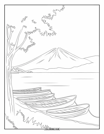 Coloriage du Guatemala pour enfants : Scène paisible au bord du lac Atitlán avec des barques et des arbres