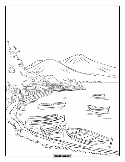 Coloriage du Guatemala pour enfants : Lac serein avec des barques et des montagnes au-delà des arbres
