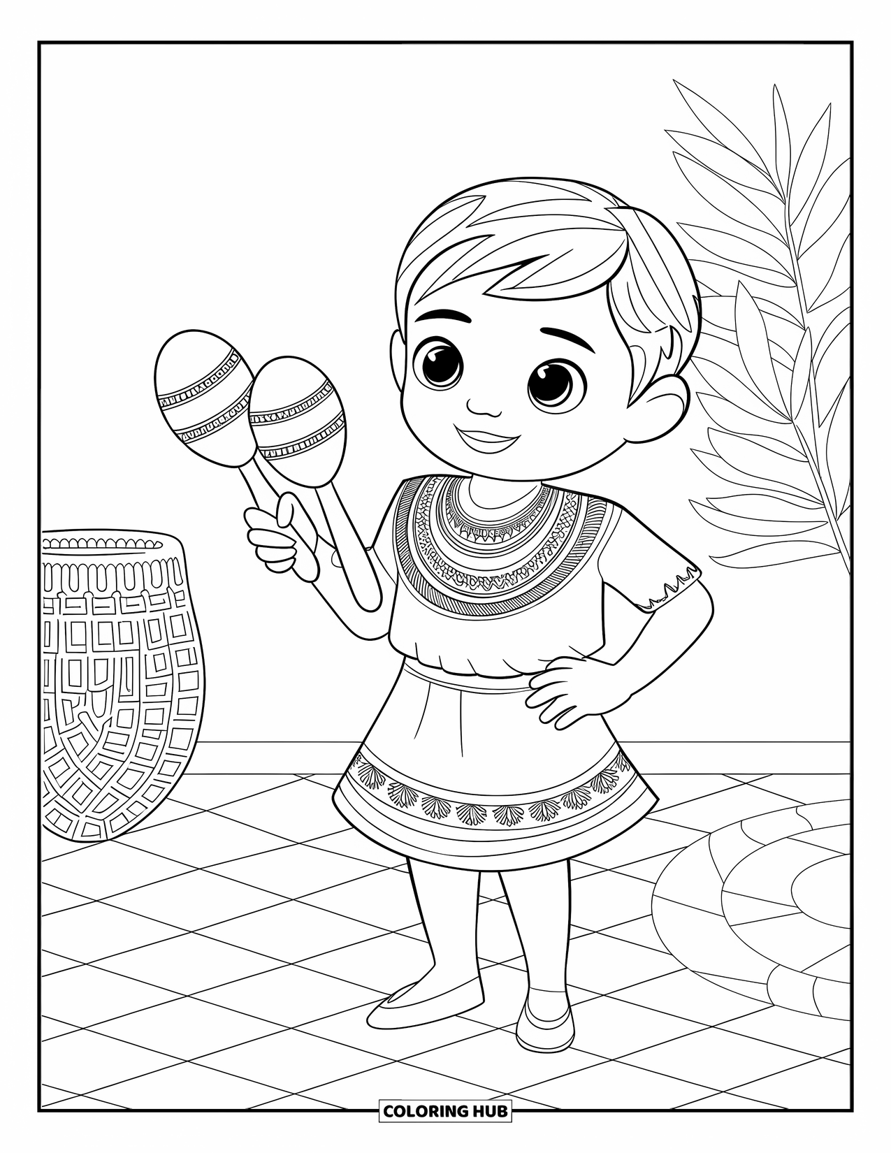 Guatemala Coloring Page for Kids: Smiling child in woven dress holds maracas with patterned floor
