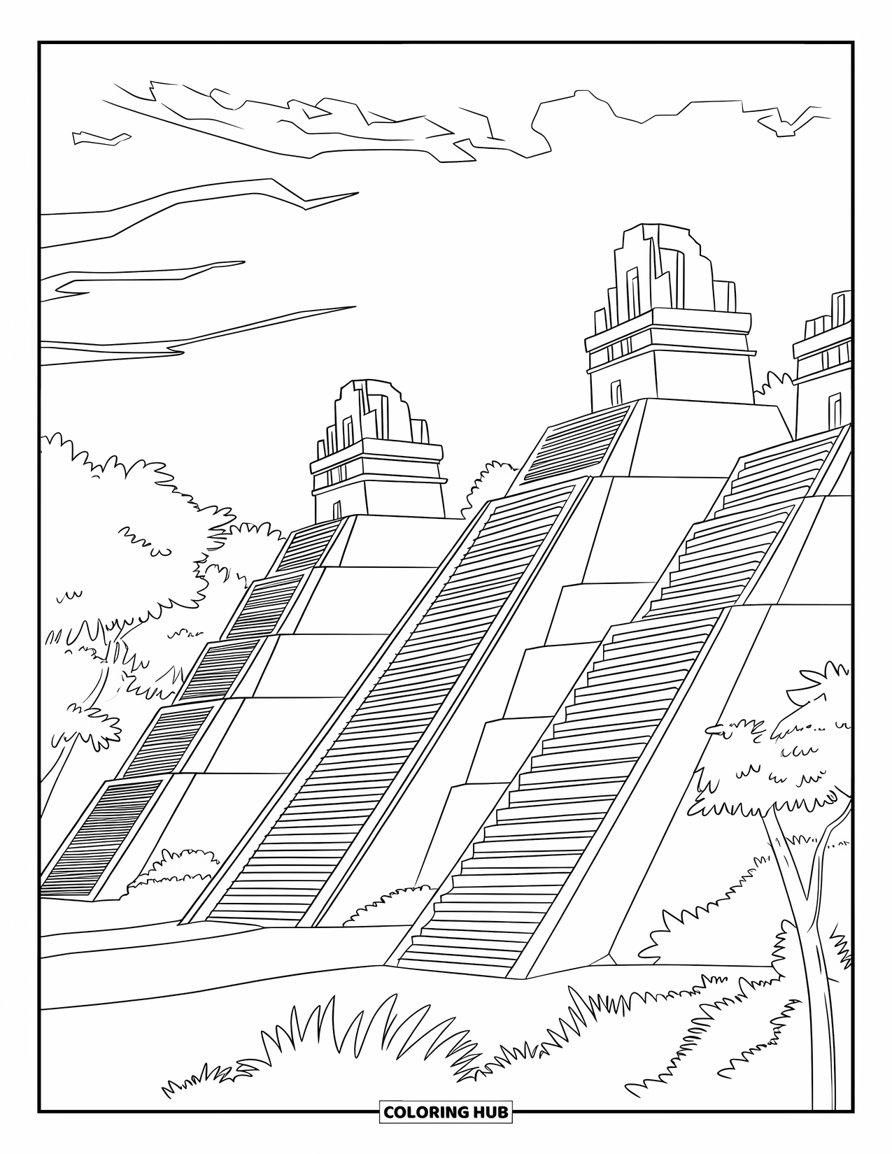 Guatemala Coloring Page for Kids: Steep pyramids tower above dense Tikal rainforest