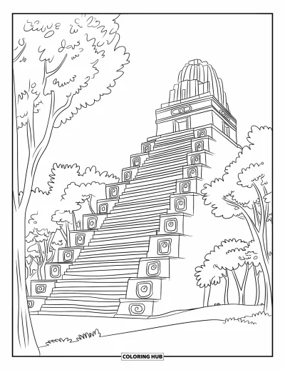Coloriage du Guatemala pour enfants : Temple pyramidal à degrés visible entre les arbres de la jungle