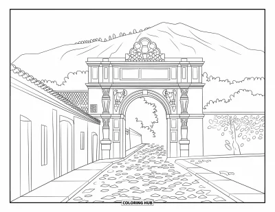 Coloriage du Guatemala pour enfants : Une arche de pierre enjambe des rues pavées sinueuses et des collines verdoyantes