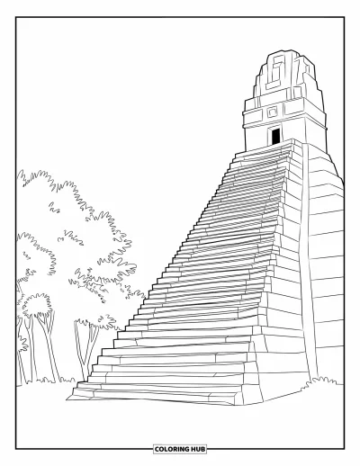Coloriage du Guatemala pour enfants : Un temple de pierre se dresse avec des arbres sous un ciel lumineux