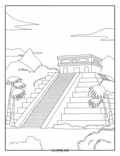 Coloriage du Guatemala pour enfants : Un temple au toit de chaume se dresse parmi les arbres et les collines de la jungle