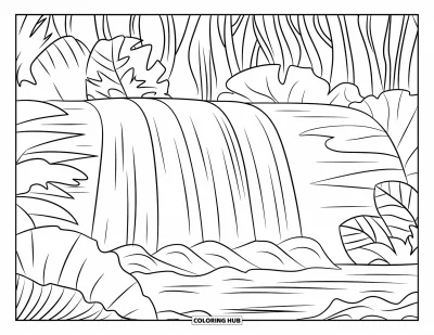 Coloriage du Guatemala pour enfants : Une cascade tropicale s'écoule entre de grandes plantes et des arbres de la jungle