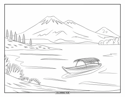 Coloriage du Guatemala pour enfants : Des volcans se dressent derrière le lac Atitlán et une barque en bois