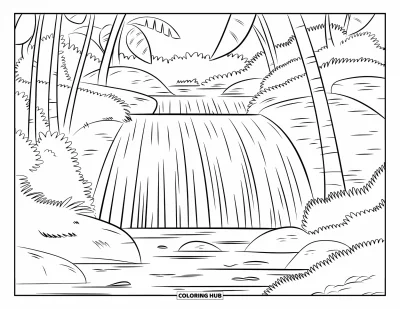Coloriage du Guatemala pour enfants : L'eau dégringole sur des rochers moussus entourés de grandes plantes à larges feuilles