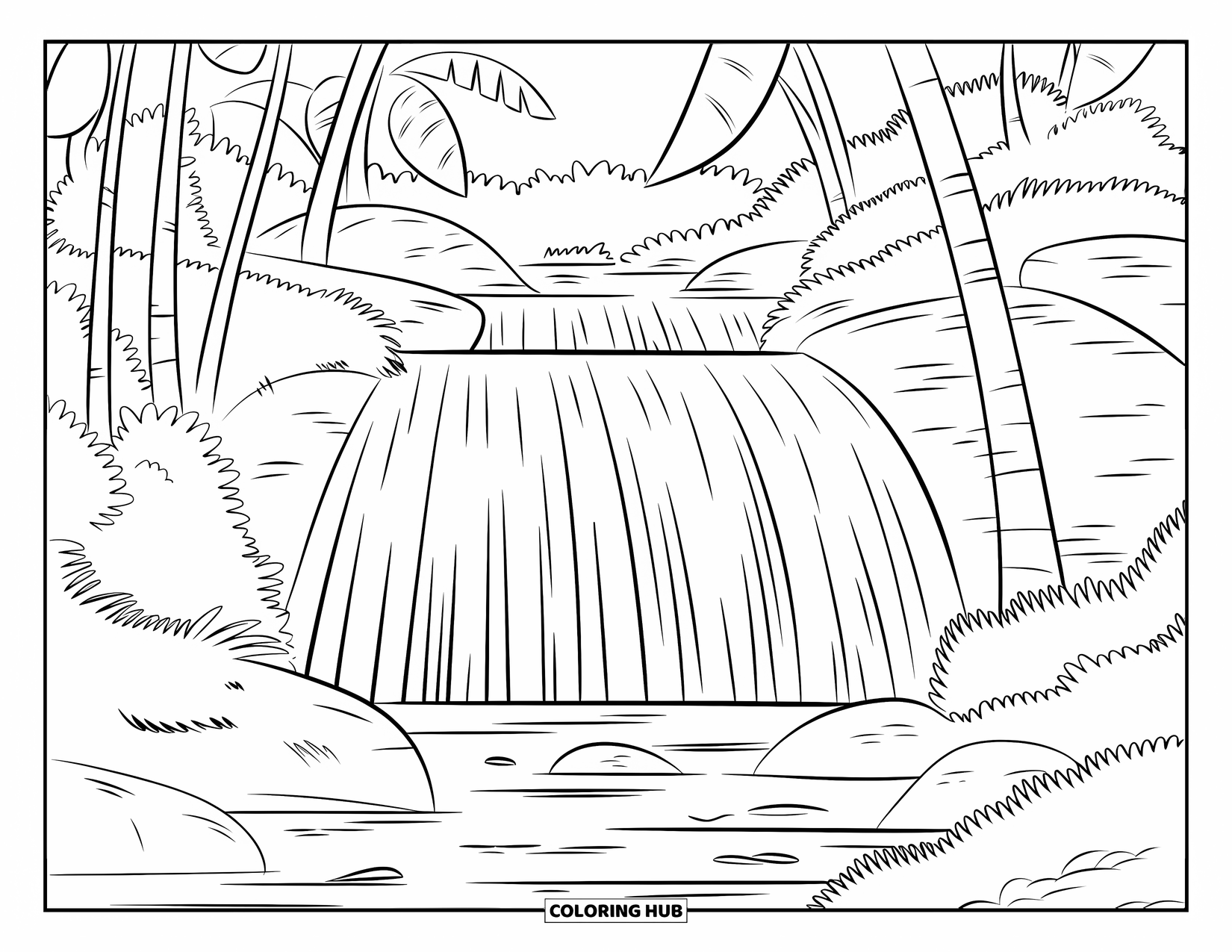 Guatemala Coloring Page for Kids: Water tumbles into mossy rocks framed by big leafy plants