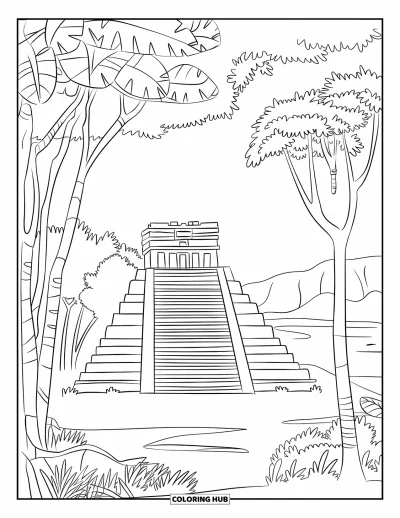 Coloriage du Guatemala pour enfants : Temple pyramidal aux larges marches au milieu d'une végétation dense