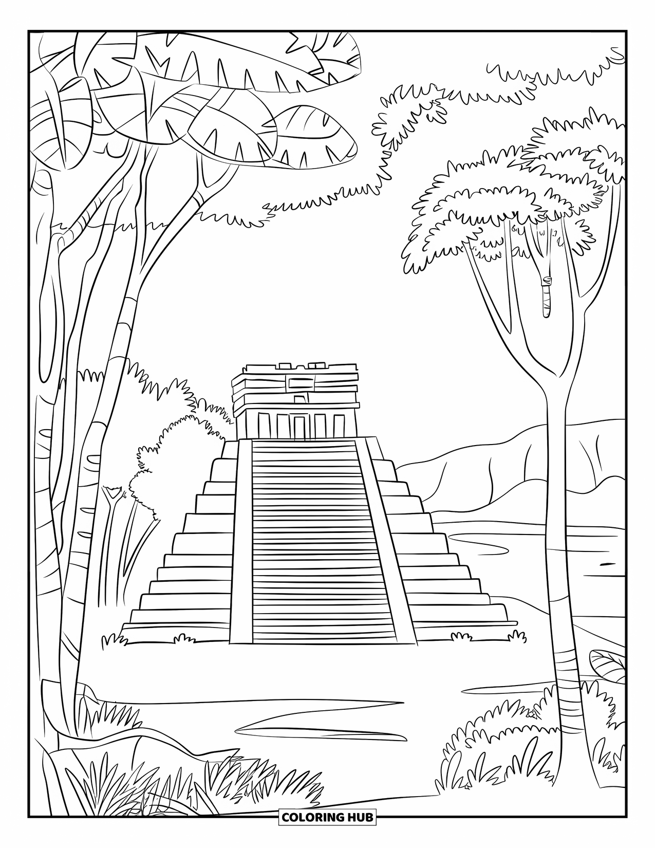 Guatemala Coloring Page for Kids: Wide-stepped pyramid temple stands in thick jungle greenery