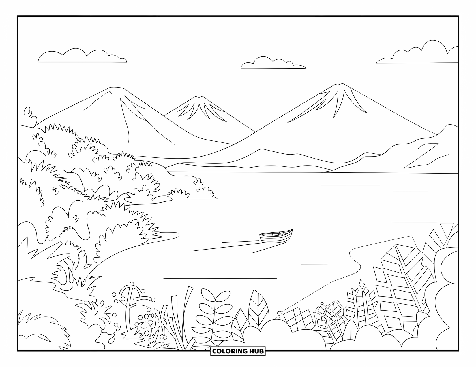 Guatemala Coloring Page for Kids: Wooden boat drifts below volcano peaks on Lake Atitlán