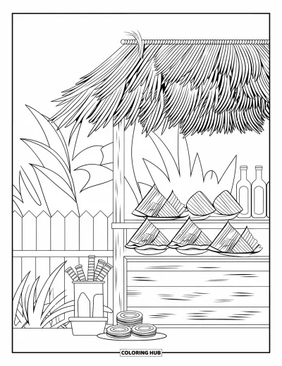 Coloriage du Guatemala pour enfants : Étal en bois garni de délicieux tamales, de tortillas et de boissons en bouteille de verre