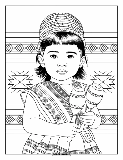 Coloriage du Guatemala pour enfants : Une jeune danseuse en habits traditionnels tient des maracas