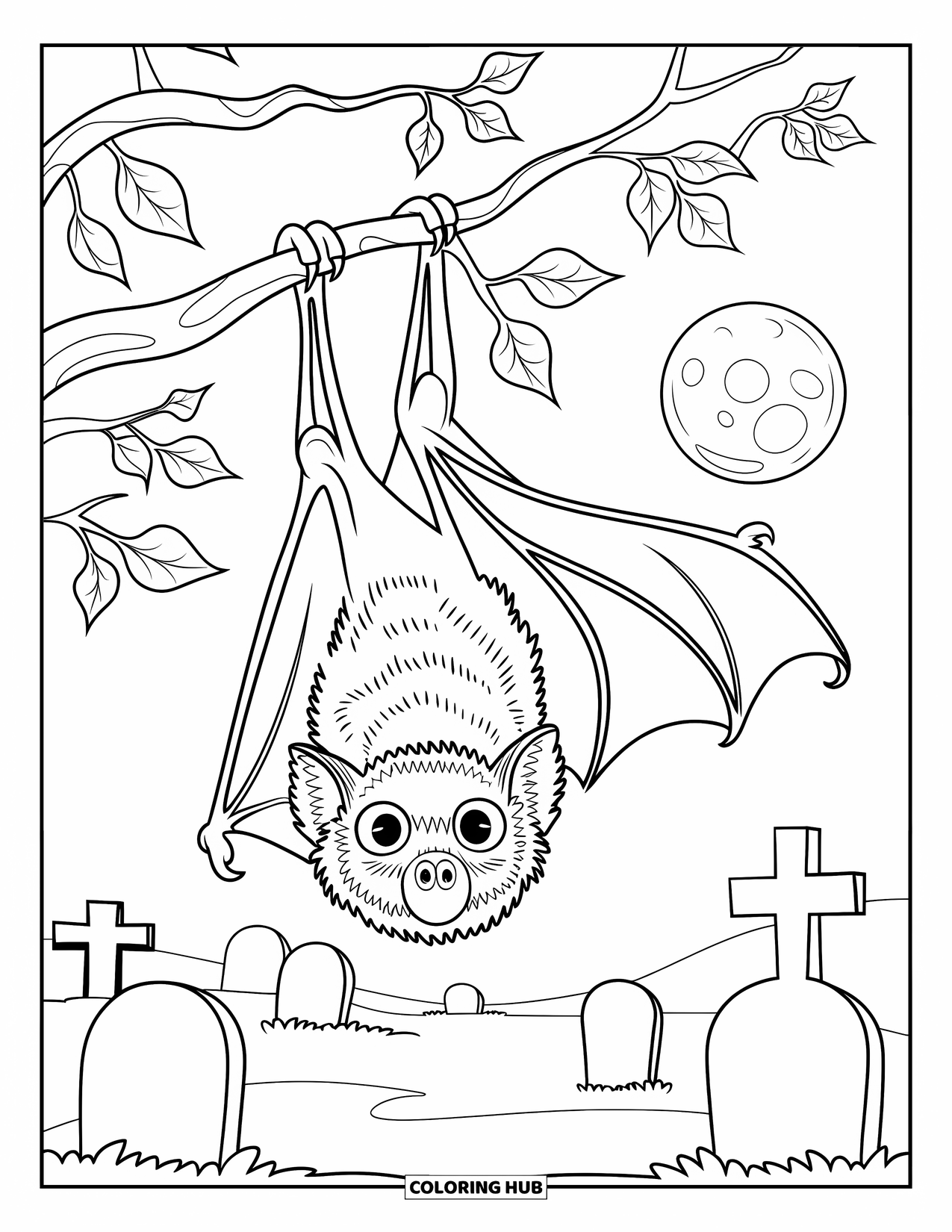 Halloween Bat Coloring Page for Adults: A bat dangles from a branch surrounded by forest trees and a mandala sky