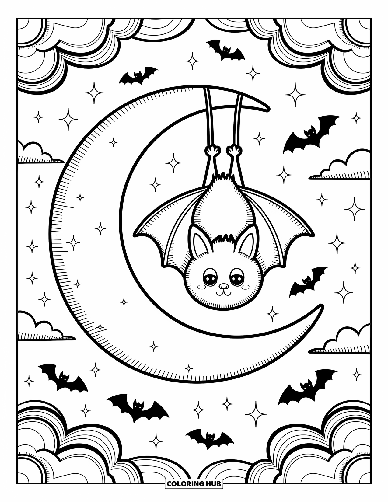 Halloween Bat Coloring Page for Adults: A bat dangles from the moon surrounded by stars, clouds, and drifting bats