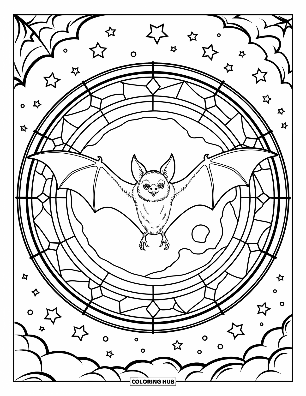 Halloween Bat Coloring Page for Adults: A bat flies in front of a stained glass full moon under the stars