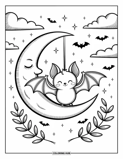 Halloweenská omalovánka netopýra pro dospělé: Netopýr jemně visí na měsíci s třpytkami, mraky a plovoucím listím