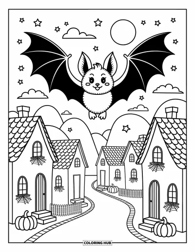 Halloweenská omalovánka netopýra pro dospělé: Netopýr plachtí nad malou halloweenskou vesničkou plnou dýní a pavučin