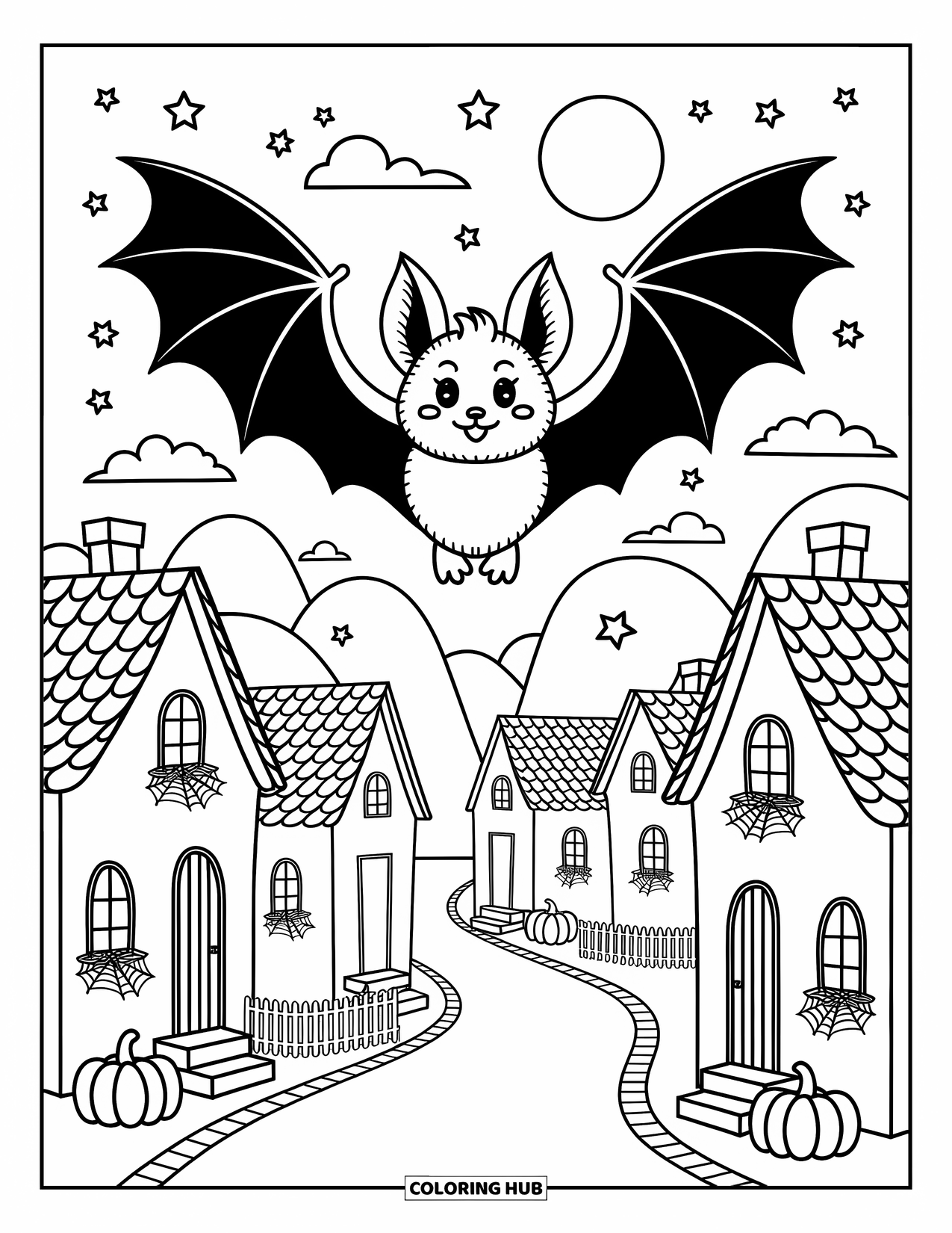 Halloween Bat Coloring Page for Adults: A bat glides above a tiny Halloween village filled with pumpkins and cobwebs