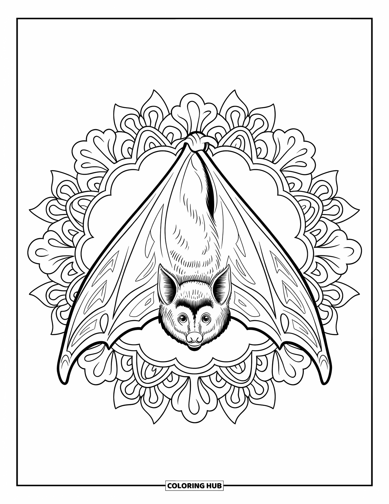 Halloween Bat Coloring Page for Adults: A bat hangs upside down at the center of a botanical mandala design