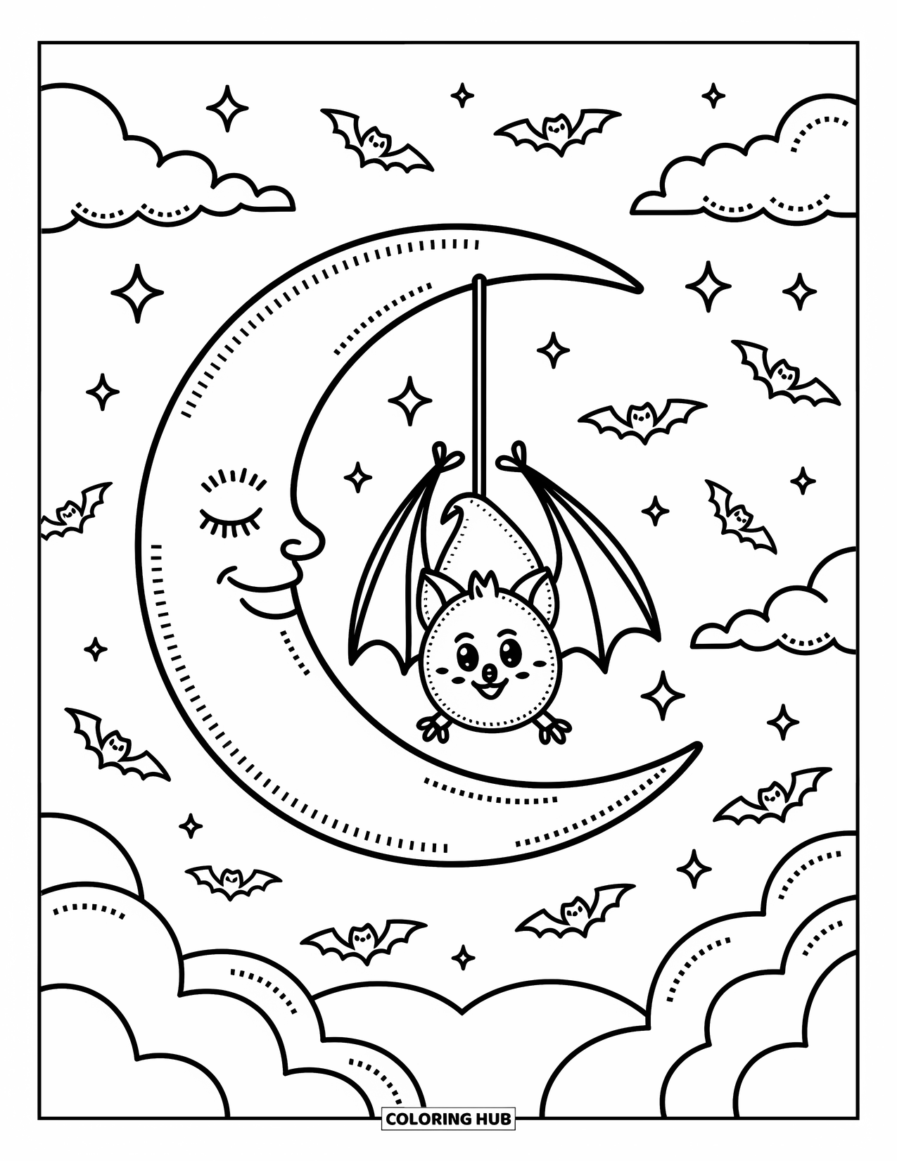 Halloween Bat Coloring Page for Adults: A bat hangs upside down from a crescent moon with stars and leaves drifting