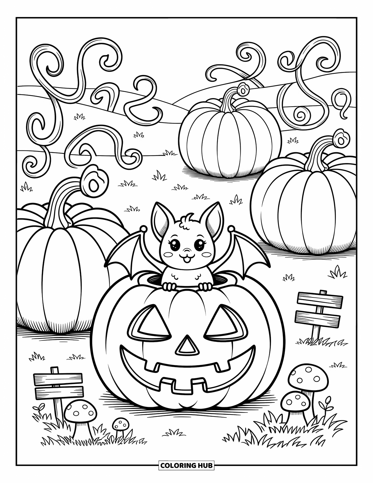 Halloween Bat Coloring Page for Adults: A bat peeks from a pumpkin among swirling vines and rolling hills