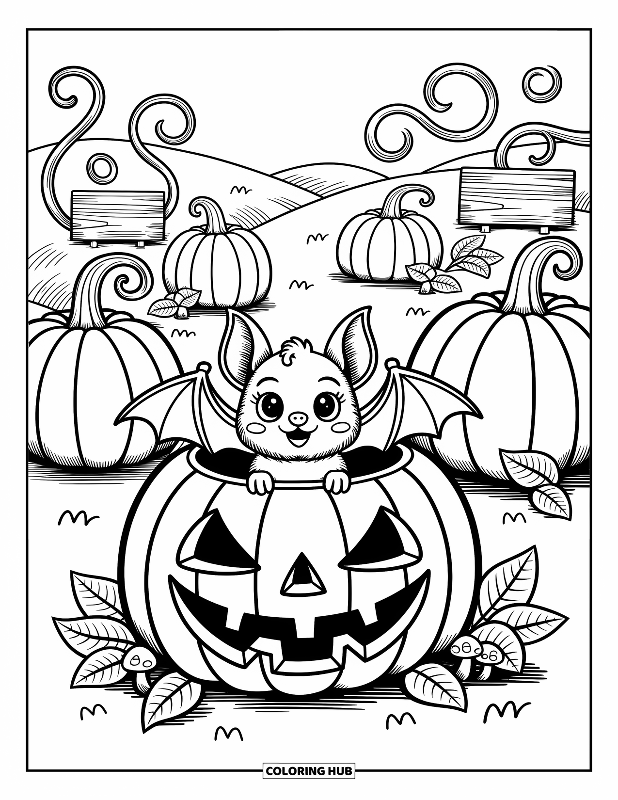 Halloween Bat Coloring Page for Adults: A bat peeks out of a carved pumpkin in a leafy pumpkin patch