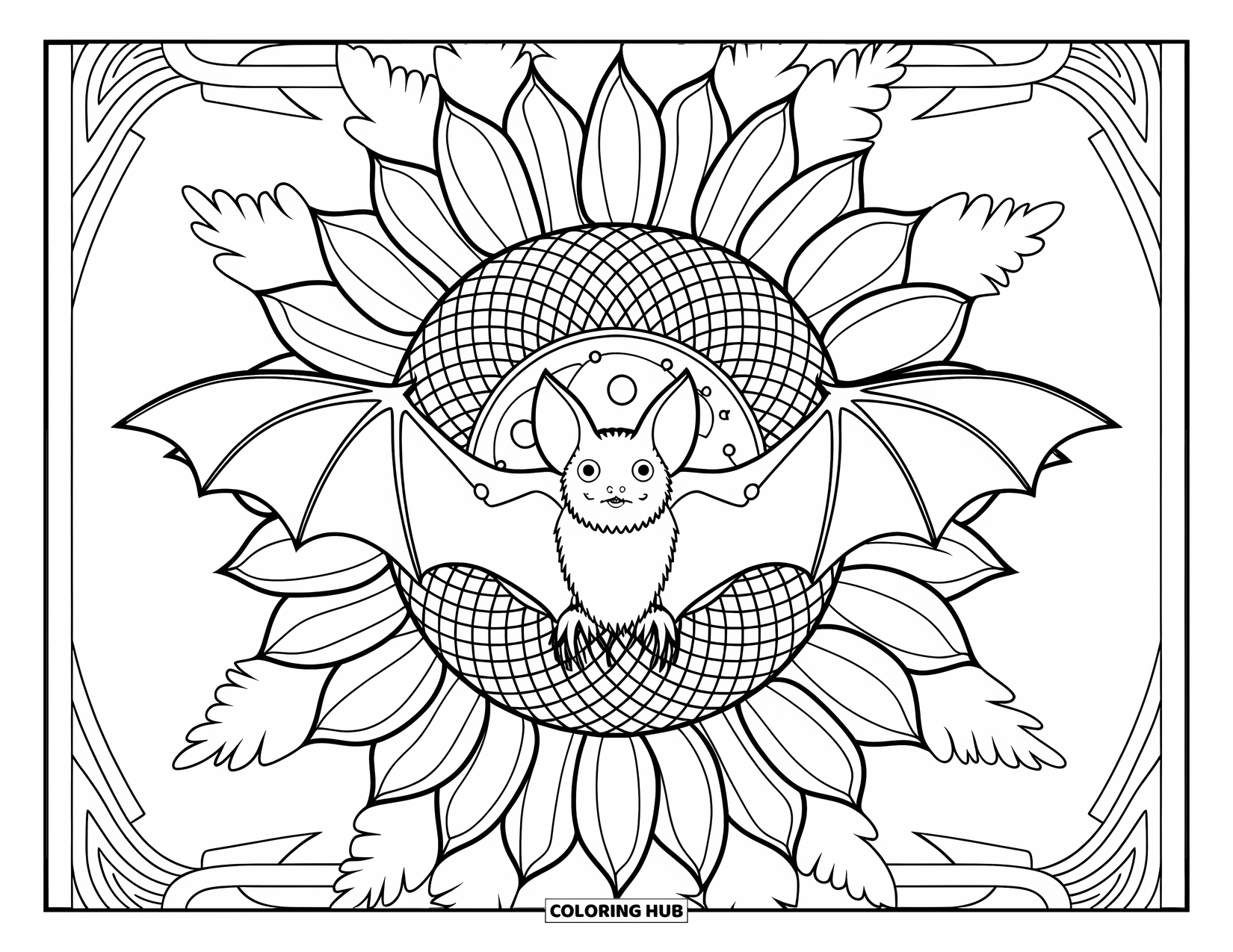 Halloween Bat Coloring Page for Adults: A bat rests in a sunflower mandala surrounded by patterned borders