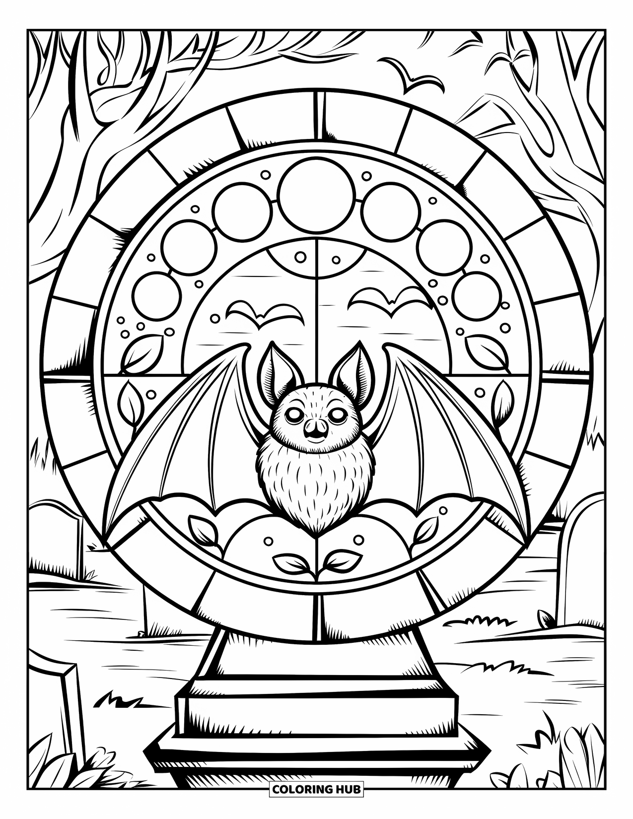 Halloween Bat Coloring Page for Adults: A bat rests inside a stained glass circle with moon phases and tombstones