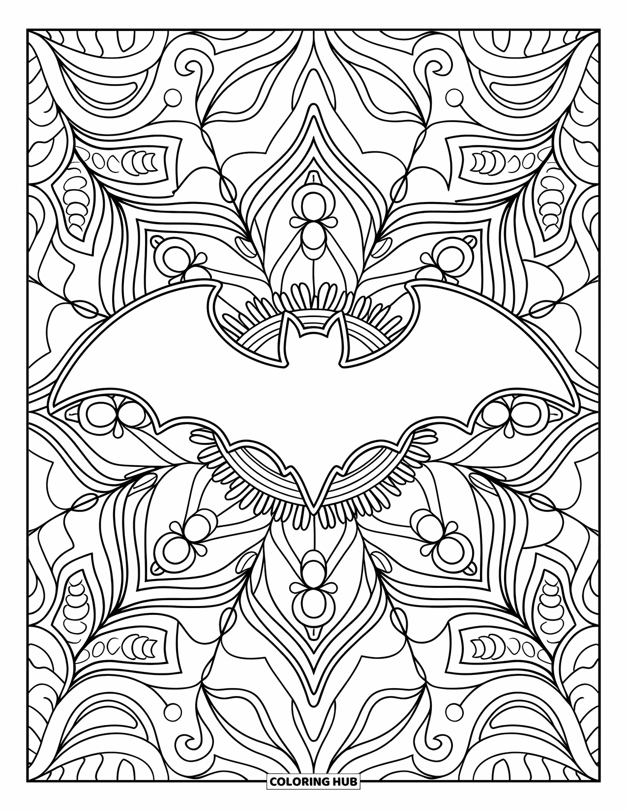 Halloween Bat Coloring Page for Adults: A bat silhouette sits in floral mandalas with detailed patterns all around
