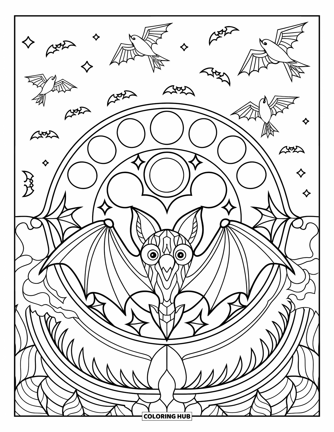 Halloween Bat Coloring Page for Adults: A bat sleeps inside stained glass with bats, crows, and leaves surrounding it